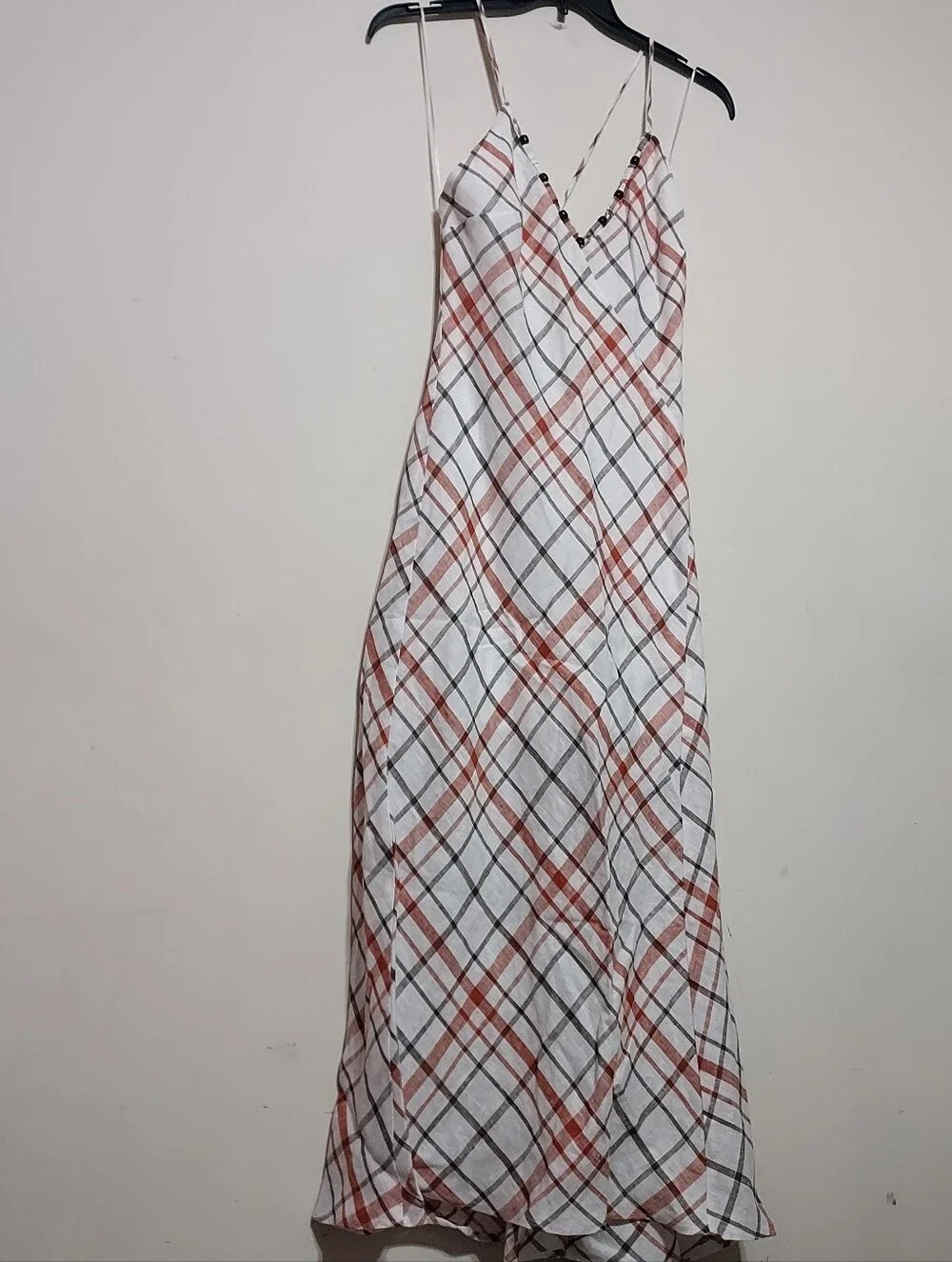 Zara 100% Linen Plaid Slip Strappy Casual Coastal  Maxi Dress with Beaded V-Neck